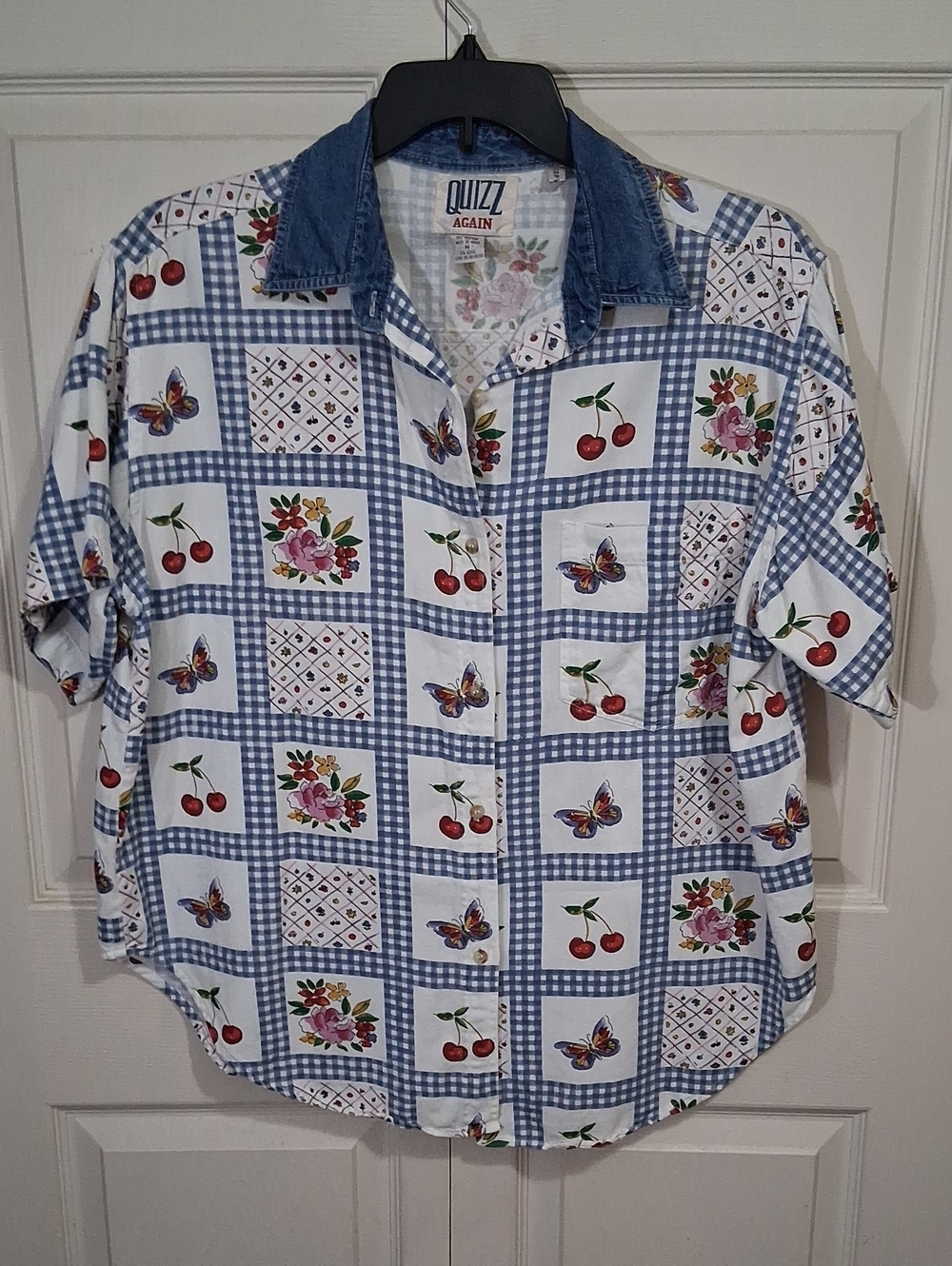 Vintage Quizz Again Cotton Button-Down Shirt - Denim Collar - M - Blue White